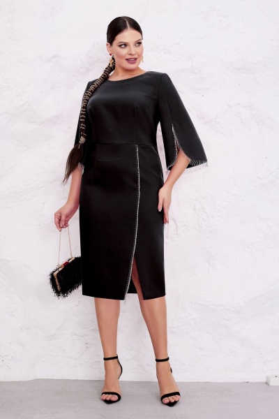 Черное платье футляр с бисерной тесьмой и вытачками Lissana 4847 черный - фото 4