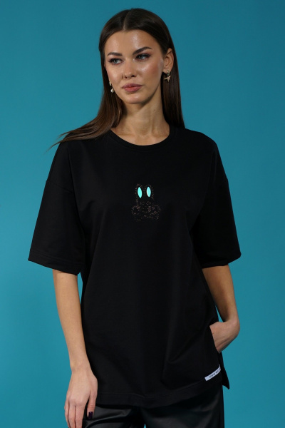 Черный трикотажный джемпер с разрезами и объемными рукавами Kivviwear 4147.09 - фото 8