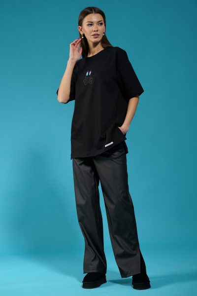 Черный трикотажный джемпер с разрезами и объемными рукавами Kivviwear 4147.09 - фото 7