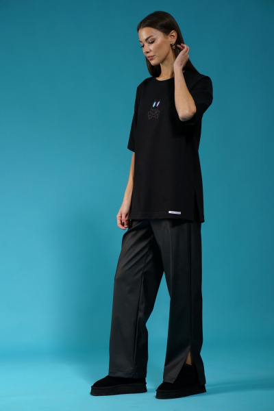 Черный трикотажный джемпер с разрезами и объемными рукавами Kivviwear 4147.09 - фото 4