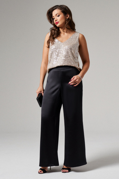 Черные брюки из атласа и текстиля с расширением к низу Панда 152863w черный - фото 1