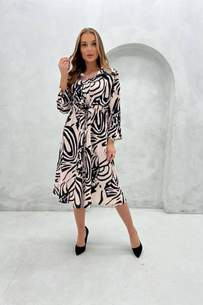 Платье классическое из текстиля с поясом и карманами Nika.PL 04062 кремовый черный - фото 1