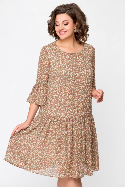 Легкое шифоновое платье с разрезом и рукавом воланом Swallow 692 темная_корица/цветочный_принт - фото 9