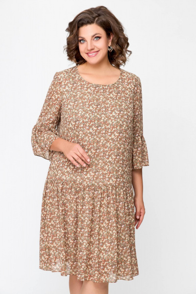 Легкое шифоновое платье с разрезом и рукавом воланом Swallow 692 темная_корица/цветочный_принт - фото 8