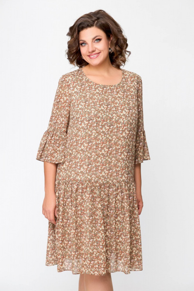 Легкое шифоновое платье с разрезом и рукавом воланом Swallow 692 темная_корица/цветочный_принт - фото 7