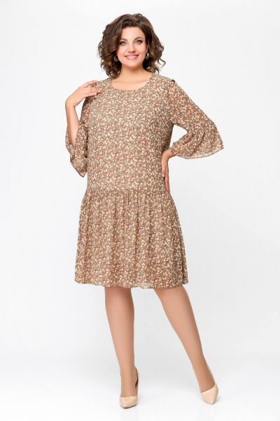 Легкое шифоновое платье с разрезом и рукавом воланом Swallow 692 темная_корица/цветочный_принт - фото 1