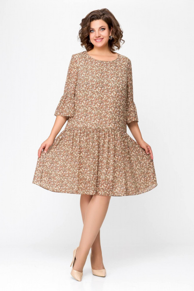 Легкое шифоновое платье с разрезом и рукавом воланом Swallow 692 темная_корица/цветочный_принт - фото 3