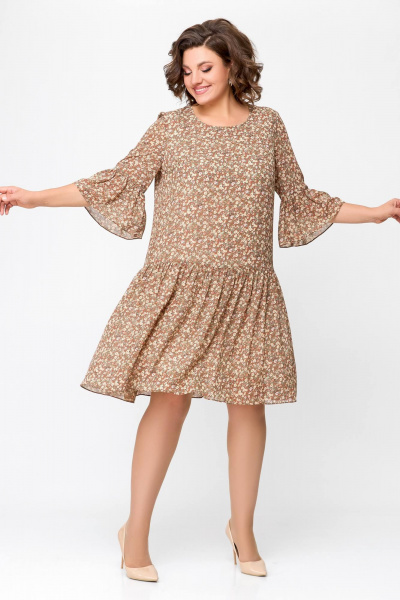 Легкое шифоновое платье с разрезом и рукавом воланом Swallow 692 темная_корица/цветочный_принт - фото 4