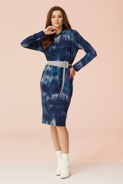 Платье прямое из трикотажа с воротником-стойкой Faufilure C1299-1 синий - фото 3