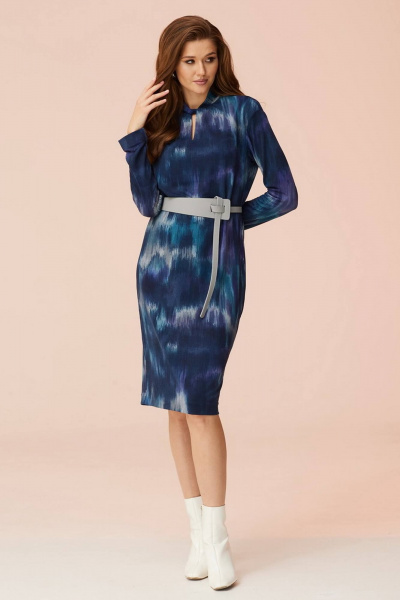 Платье прямое из трикотажа с воротником-стойкой Faufilure C1299-1 синий - фото 2