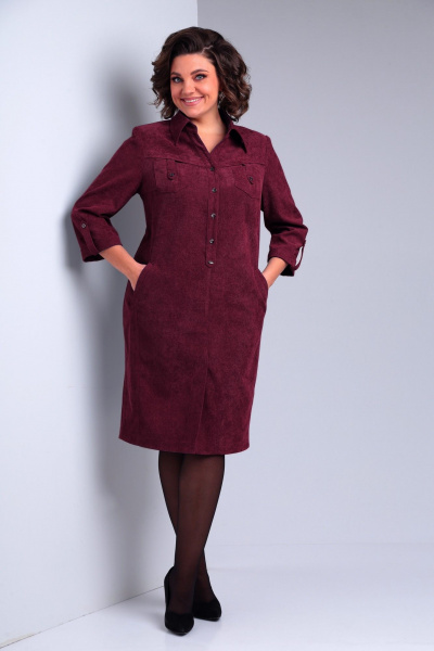 Платье вельветовое с кокетками и карманами Tensi 364 винный - фото 1