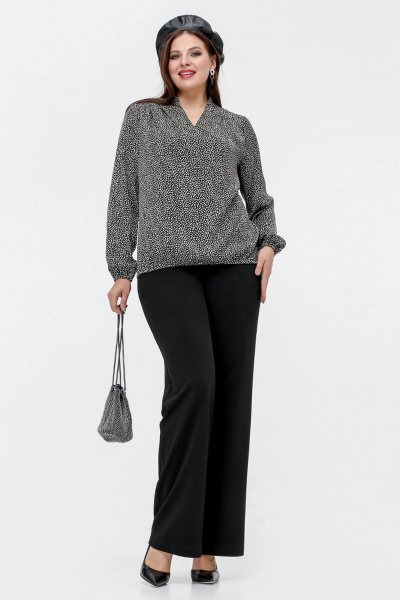 Блуза с кокетками и складками в рубчик для дневного образа La rouge 6268 черно-бежевый-набивной - фото 2