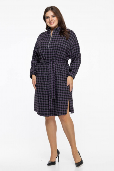 Фиолетовое платье с поясом и длинными рукавами на каждый день Avila 0954 баклажановый - фото 6