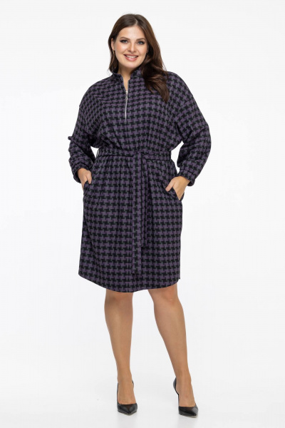 Фиолетовое платье с поясом и длинными рукавами на каждый день Avila 0954 баклажановый - фото 5