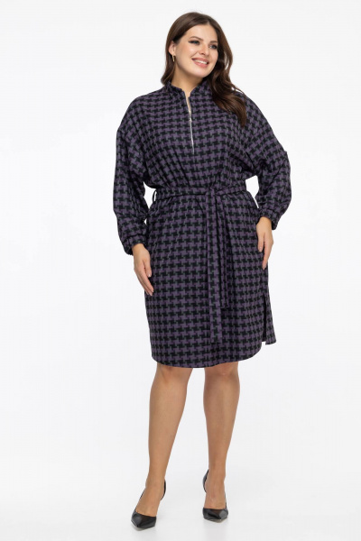 Фиолетовое платье с поясом и длинными рукавами на каждый день Avila 0954 баклажановый - фото 1