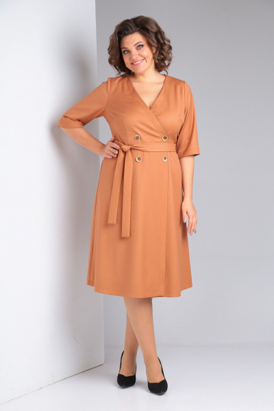 Оранжевое платье с талиевыми вытачками и запахом Takka Plus 23-204 - фото 2