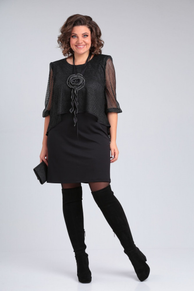 Платье нарядное двуслойное с сеткой и люрексом Michel chic 2156 черный - фото 1