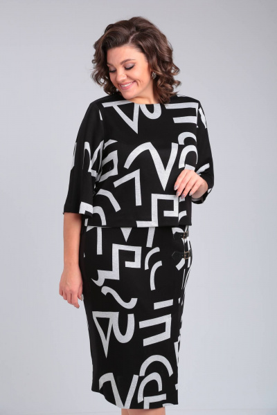 Демисезонный костюм из трикотажа с принтом на рубашке и юбке Rishelie 906 черно-белый - фото 4