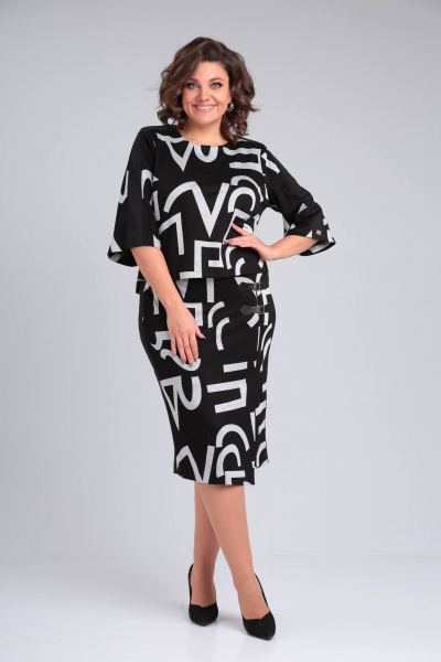 Демисезонный костюм из трикотажа с принтом на рубашке и юбке Rishelie 906 черно-белый - фото 1