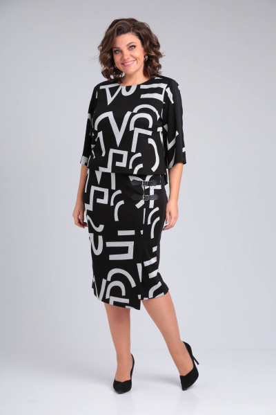 Демисезонный костюм из трикотажа с принтом на рубашке и юбке Rishelie 906 черно-белый - фото 2