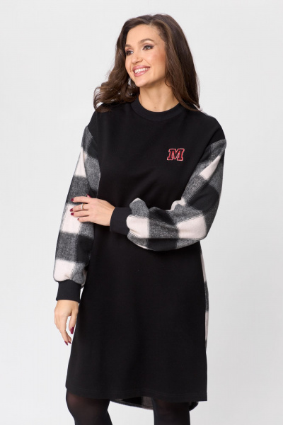 Платье повседневное прямого силуэта из трикотажа Michel chic 2159 черный-клетка - фото 2