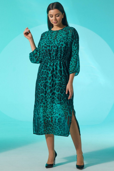 Платье свободного кроя из шифона с разрезами и сборкой Faufilure С1434 зеленый - фото 1