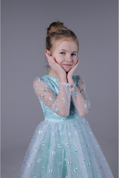 Платье нарядное для девочки, с кружевом и цветами, праздничное Tammi 1Т31-23/2 бирюзовый - фото 4