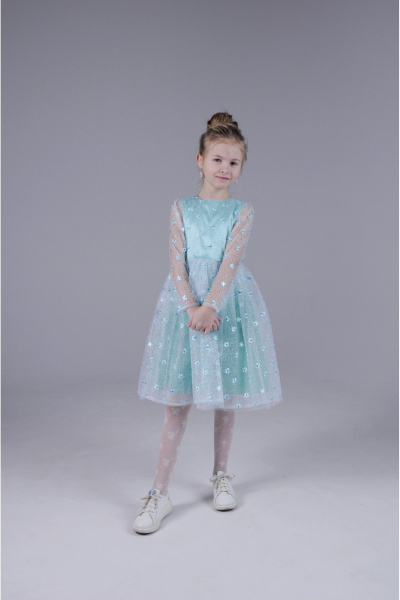 Платье нарядное для девочки, с кружевом и цветами, праздничное Tammi 1Т31-23/2 бирюзовый - фото 1