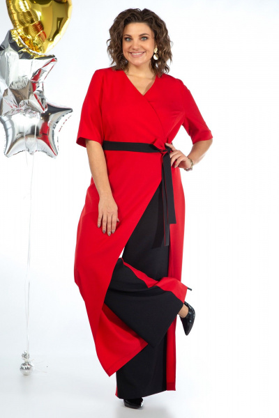 Комбинезон из текстиля с талевыми швами и поясом Alani Collection 2058 красно-черный - фото 9