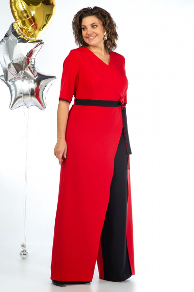 Комбинезон из текстиля с талевыми швами и поясом Alani Collection 2058 красно-черный - фото 8