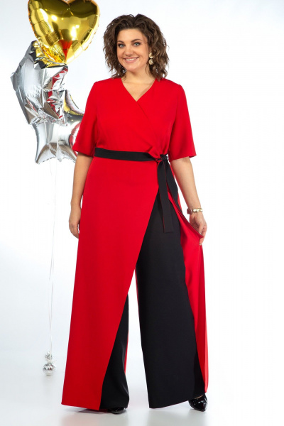 Комбинезон из текстиля с талевыми швами и поясом Alani Collection 2058 красно-черный - фото 7