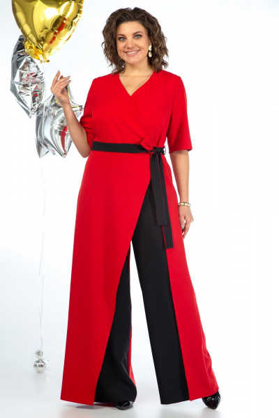 Комбинезон из текстиля с талевыми швами и поясом Alani Collection 2058 красно-черный - фото 5