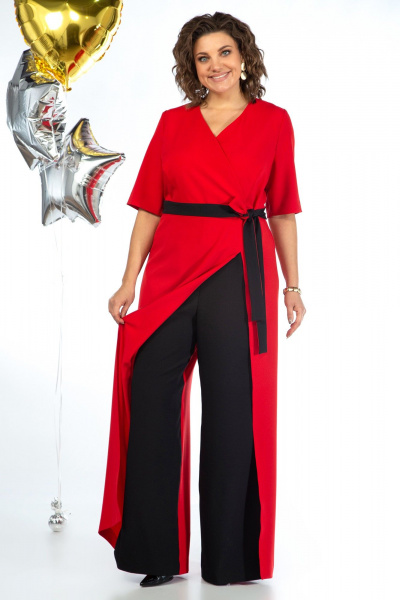 Комбинезон из текстиля с талевыми швами и поясом Alani Collection 2058 красно-черный - фото 4