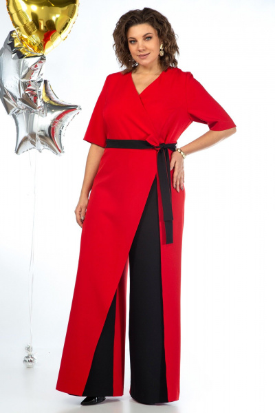 Комбинезон из текстиля с талевыми швами и поясом Alani Collection 2058 красно-черный - фото 3