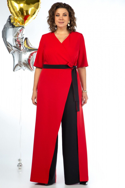 Комбинезон из текстиля с талевыми швами и поясом Alani Collection 2058 красно-черный - фото 2