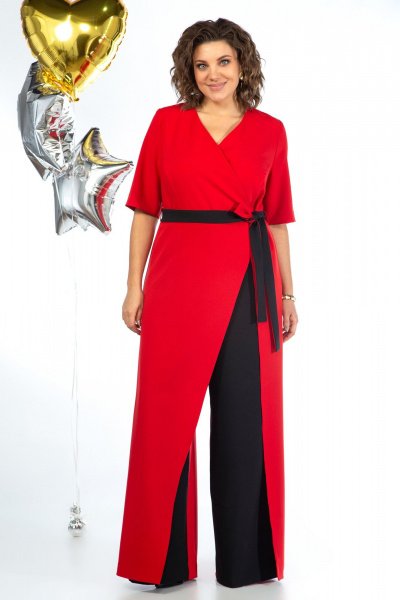 Комбинезон из текстиля с талевыми швами и поясом Alani Collection 2058 красно-черный - фото 1