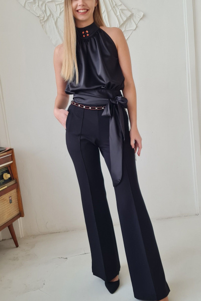 Базовые расклешенные брюки из трикотажа с завязками поясом Shymoda 347-23 черный - фото 1