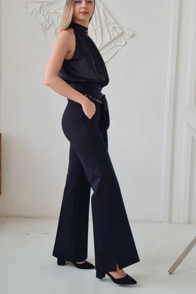 Базовые расклешенные брюки из трикотажа с завязками поясом Shymoda 347-23 черный - фото 2