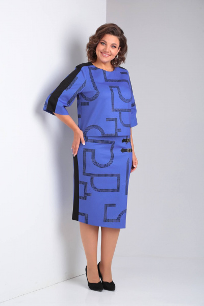 Трикотажный костюм из принтованной ткани с юбкой и блузой Rishelie 906 синий - фото 1