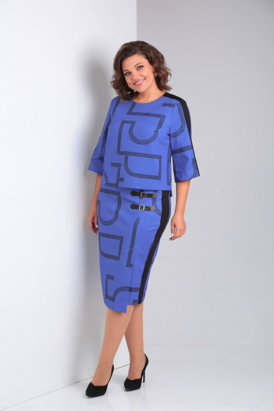 Трикотажный костюм из принтованной ткани с юбкой и блузой Rishelie 906 синий - фото 2