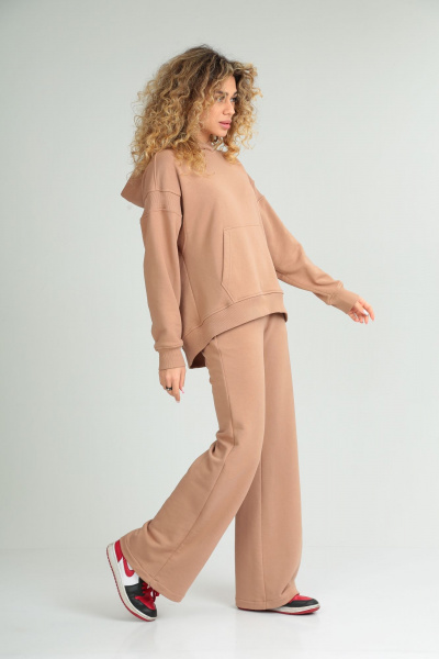 Костюм спортивный из хлопкового футера с худи больших размеров HIT 3089/1 бежевый - фото 5