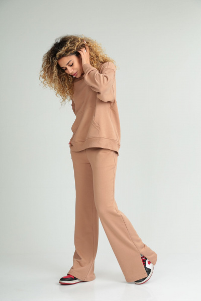 Костюм спортивный из хлопкового футера с худи больших размеров HIT 3089/1 бежевый - фото 4