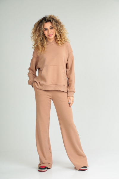 Костюм спортивный из хлопкового футера с худи больших размеров HIT 3089/1 бежевый - фото 3