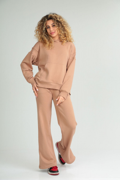 Костюм спортивный из хлопкового футера с худи больших размеров HIT 3089/1 бежевый - фото 1