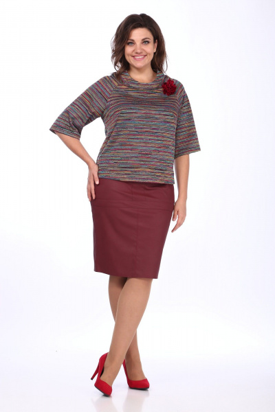 Юбка из экокожи и блуза с рукавом из трикотажа Klever 298/394 бордовый+мультиколор - фото 6