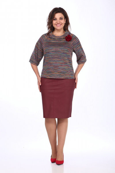 Юбка из экокожи и блуза с рукавом из трикотажа Klever 298/394 бордовый+мультиколор - фото 4