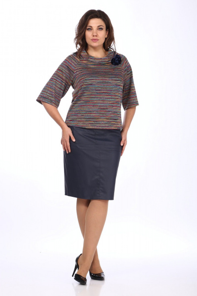 Юбка из экокожи и блуза с рукавом из трикотажа Klever 298/394 синий+мультиколор - фото 7