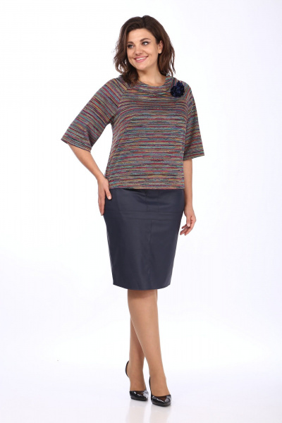 Юбка из экокожи и блуза с рукавом из трикотажа Klever 298/394 синий+мультиколор - фото 4