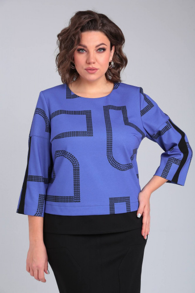 Деловой костюм юбка и блуза из трикотажа Rishelie 940 джинс+черный - фото 4