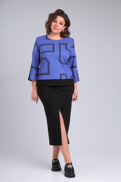 Деловой костюм юбка и блуза из трикотажа Rishelie 940 джинс+черный - фото 1